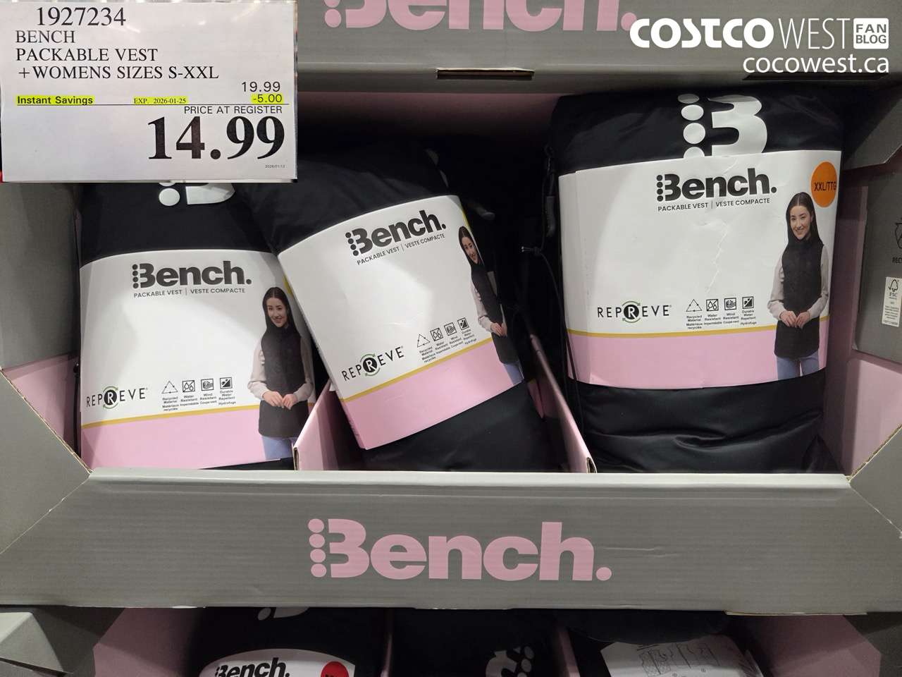 1927234 BENCH PACKABLE VEST WOMENS SIZES S-XXL ($5.00 INSTANT SAVINGS EXPIRES ON 2026-01-25) $14.99