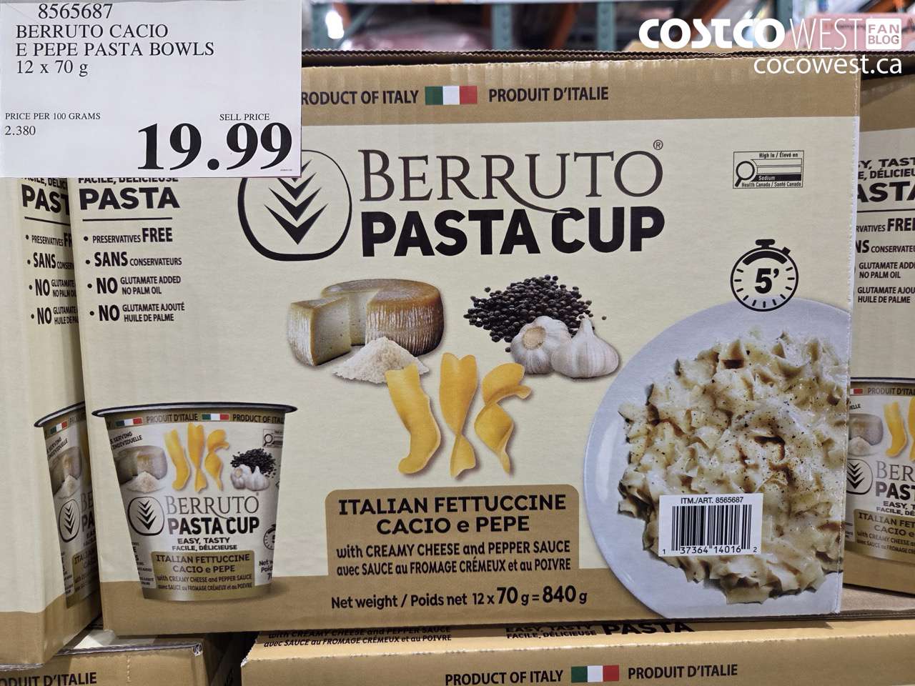 8565687 BERRUTO CACIO E PEPE PASTA BOWLS 12 X 70G $19.99