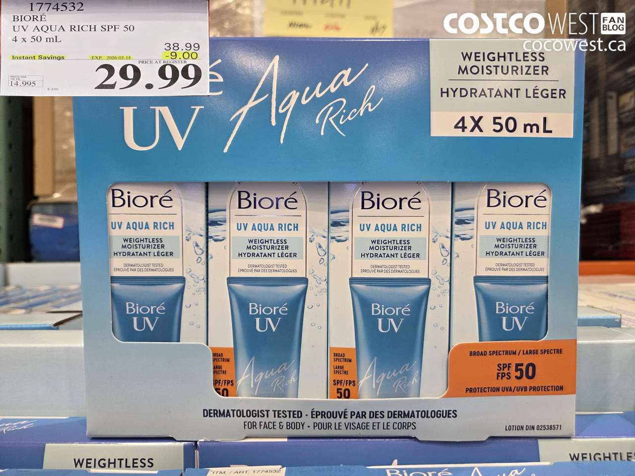 1774532 BIORE UV AQUA RICH SPF 50 4 X 50ML ($9.00 INSTANT SAVINGS EXPIRES ON 2026-02-15) $29.99