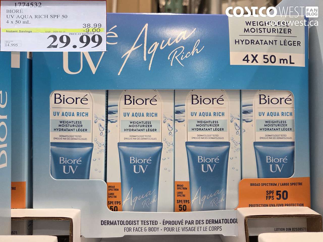 1774532 BIORE UV AQUA RICH SPF 50 4 X 50ML ($9.00 INSTANT SAVINGS EXPIRES ON 2026-02-15) $29.99