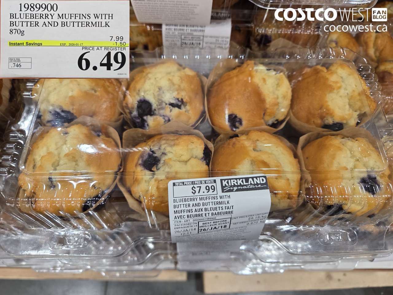 1989900 BLUEBERRY MUFFINS WITH BUTTER AND BUTTERMILK 870G ($1.50 INSTANT SAVINGS EXPIRES ON 2026-01-17) $6.49