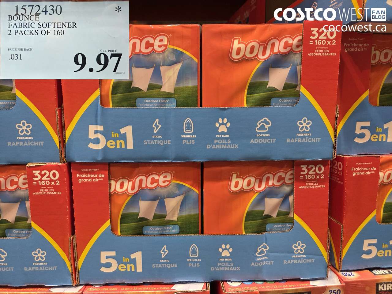1572430 BOUNCE FABRIC SOFTENER 2 X 160 SHEETS $9.97