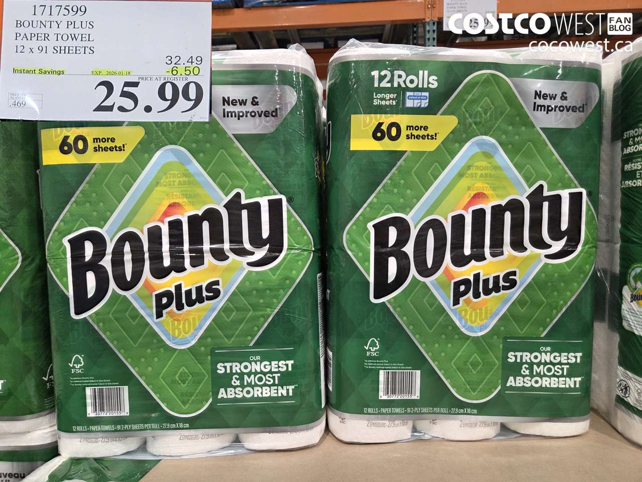 1717599 BOUNTY PLUS PAPER TOWEL 12 X 91 SHEETS ($6.50 INSTANT SAVINGS EXPIRES ON 2026-01-18) $25.99