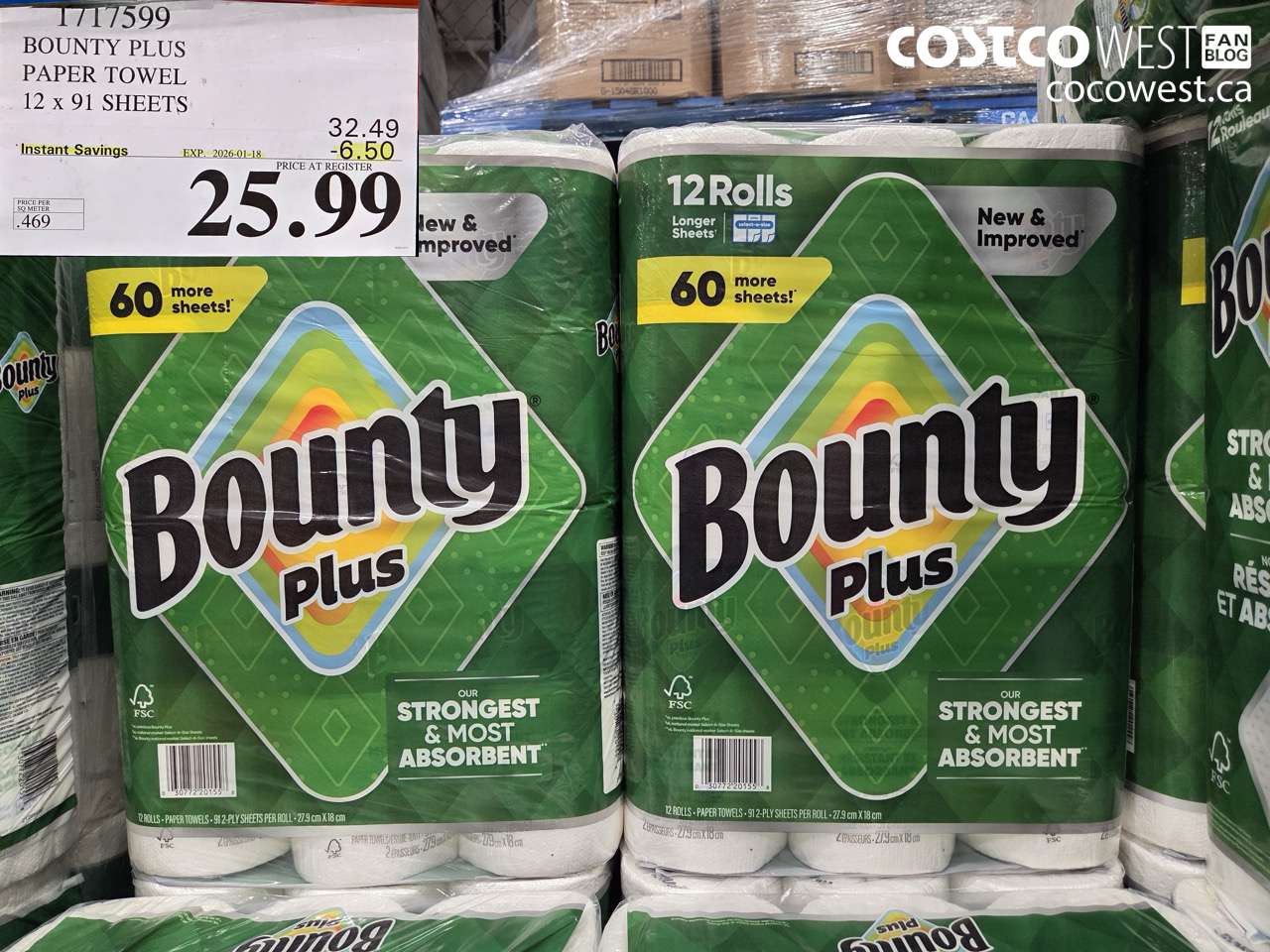1717599 BOUNTY PLUS PAPER TOWEL 12 X 91 SHEETS ($6.50 INSTANT SAVINGS EXPIRES ON 2026-01-18) $25.99