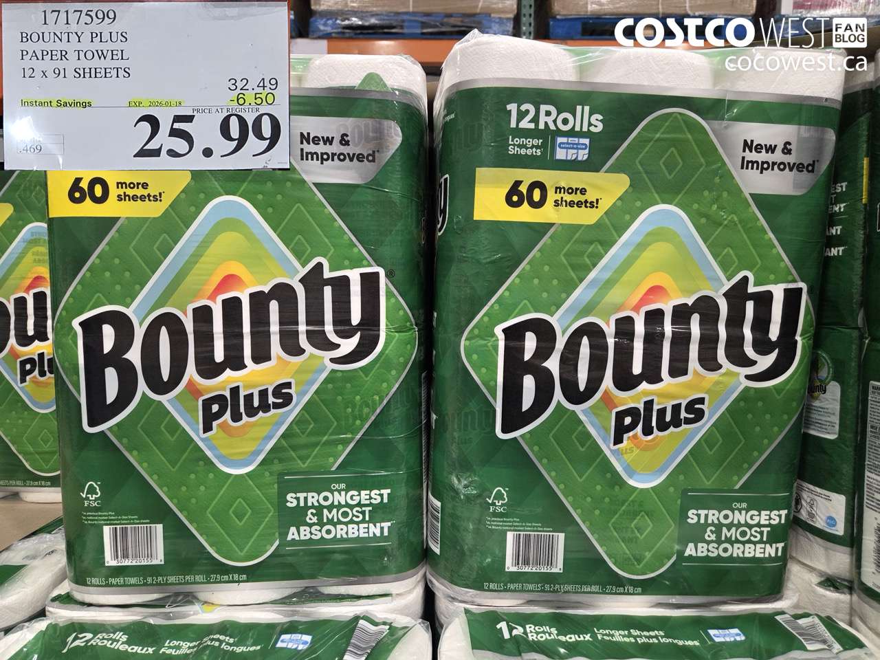 1717599 BOUNTY PLUS PAPER TOWEL 12 X 91 SHEETS ($6.50 INSTANT SAVINGS EXPIRES ON 2026-01-18) $25.99