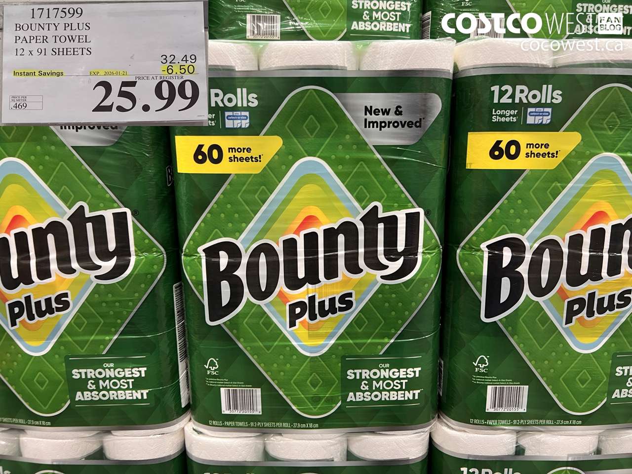 1717599 BOUNTY PLUS PAPER TOWEL 12 X 91 SHEETS ($6.50 INSTANT SAVINGS EXPIRES ON 2026-01-21) $25.99
