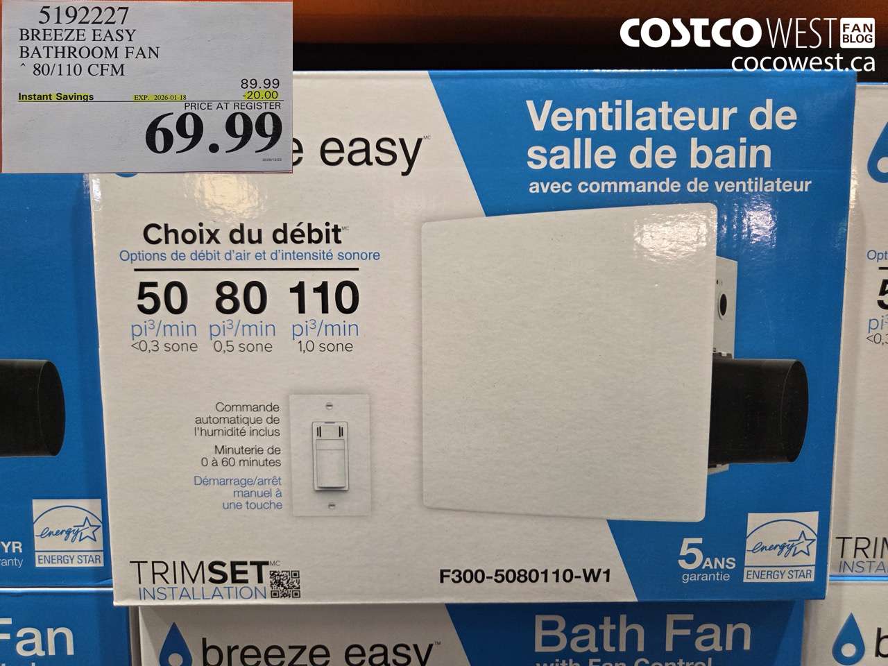 5192227 BREEZE EASY BATHROOM FAN 80/110 CFM ($20.00 INSTANT SAVINGS EXPIRES ON 2026-01-18) $69.99