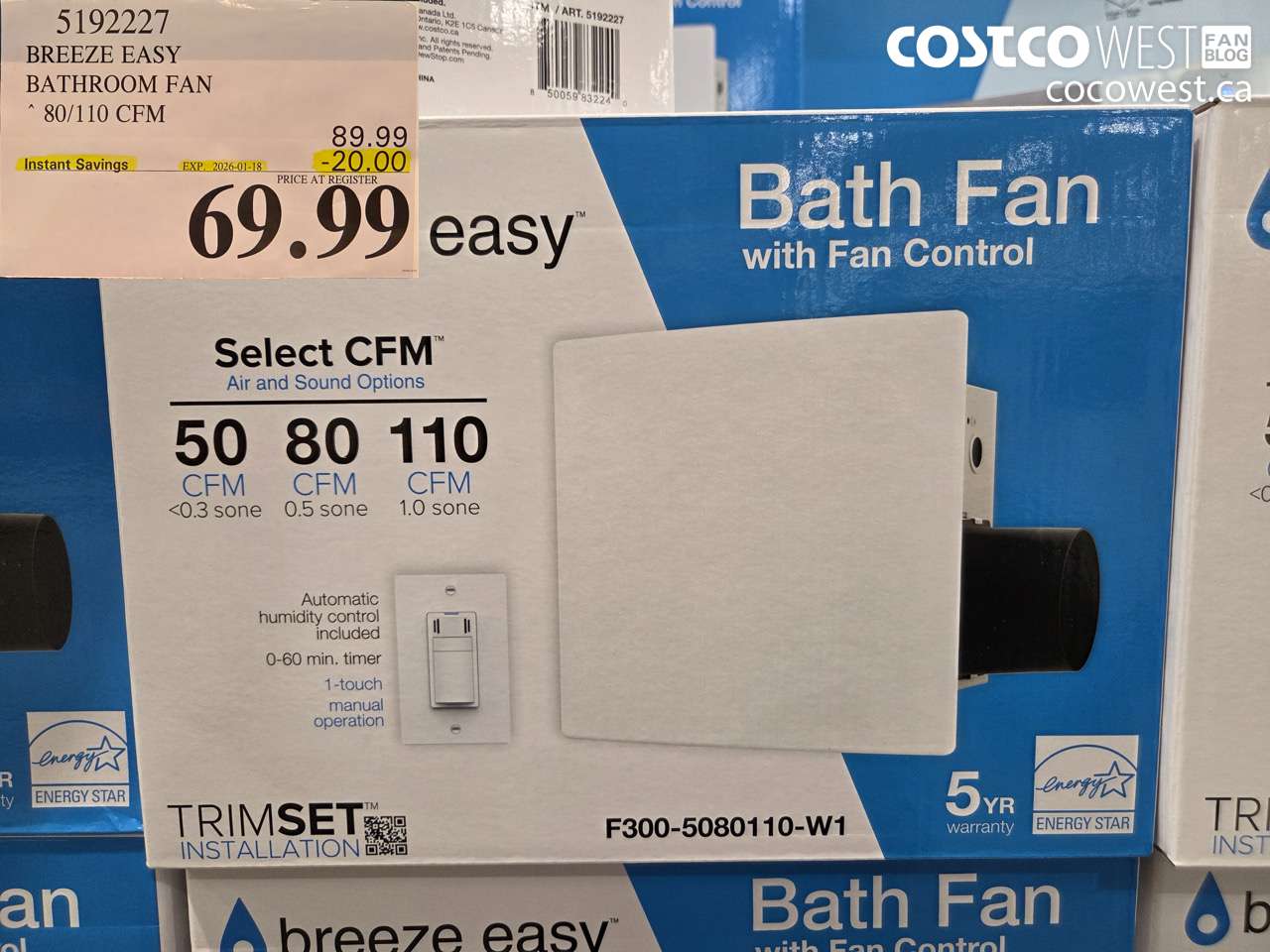 5192227 BREEZE EASY BATHROOM FAN 80/110 CFM ($20.00 INSTANT SAVINGS EXPIRES ON 2026-01-18) $69.99