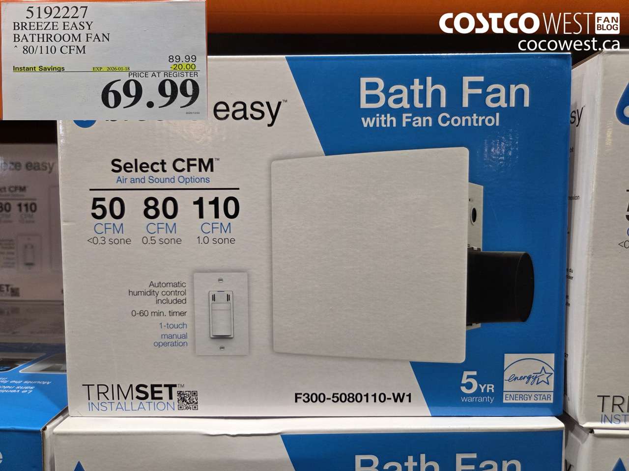 5192227 BREEZE EASY BATHROOM FAN 80/110 CFM ($20.00 INSTANT SAVINGS EXPIRES ON 2026-01-18) $69.99