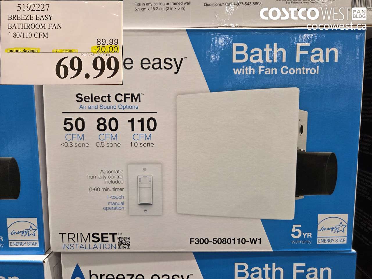 5192227 BREEZE EASY BATHROOM FAN 80/110 CFM ($20.00 INSTANT SAVINGS EXPIRES ON 2026-01-18) $69.99