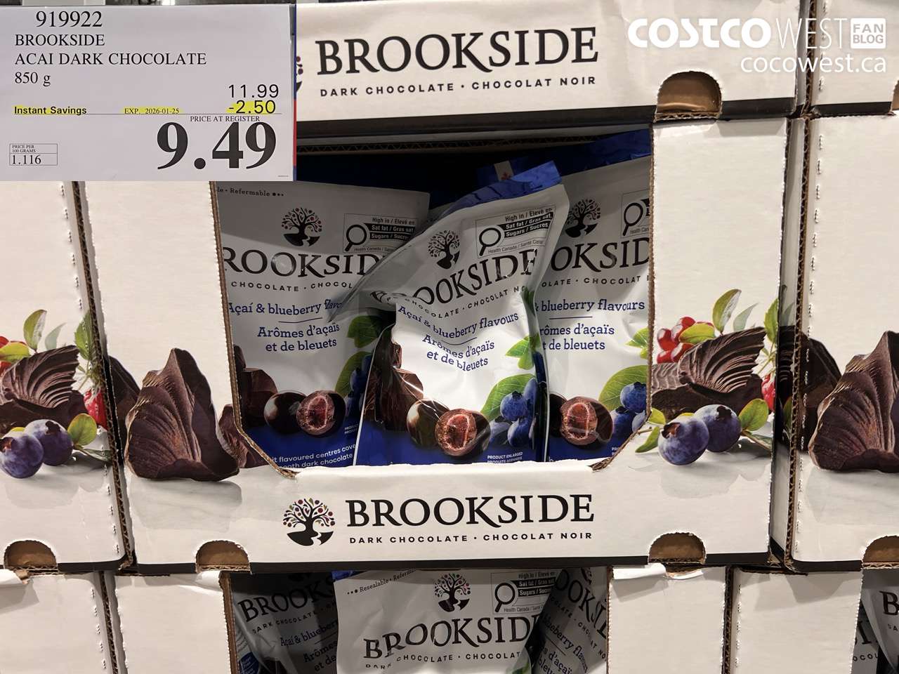 919922 BROOKSIDE ACAI DARK CHOCOLATE 850 g ($2.50 INSTANT SAVINGS EXPIRES ON 2026-01-25) $9.49