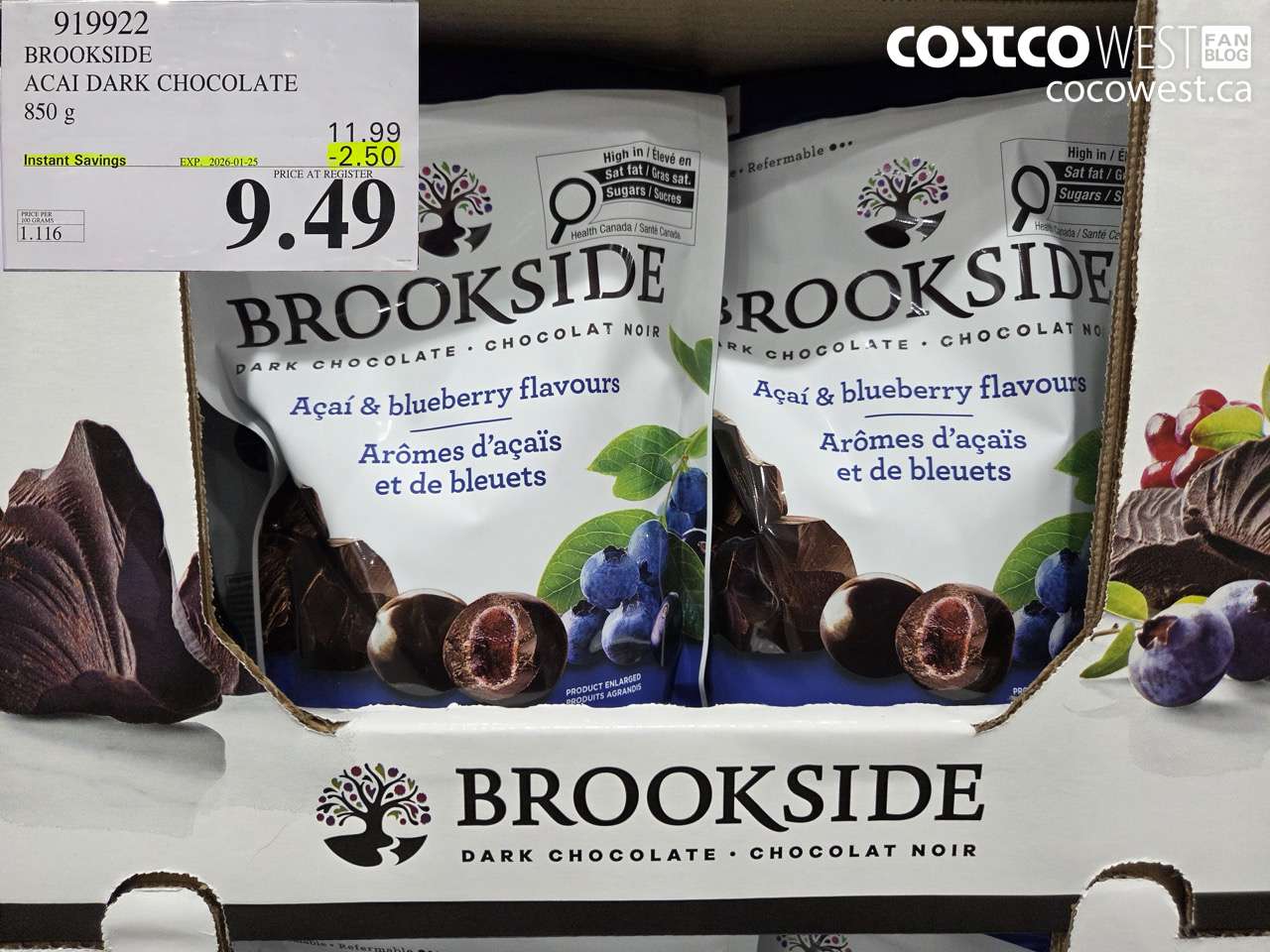919922 BROOKSIDE ACAI DARK CHOCOLATE 850 g ($2.50 INSTANT SAVINGS EXPIRES ON 2026-01-25) $9.49