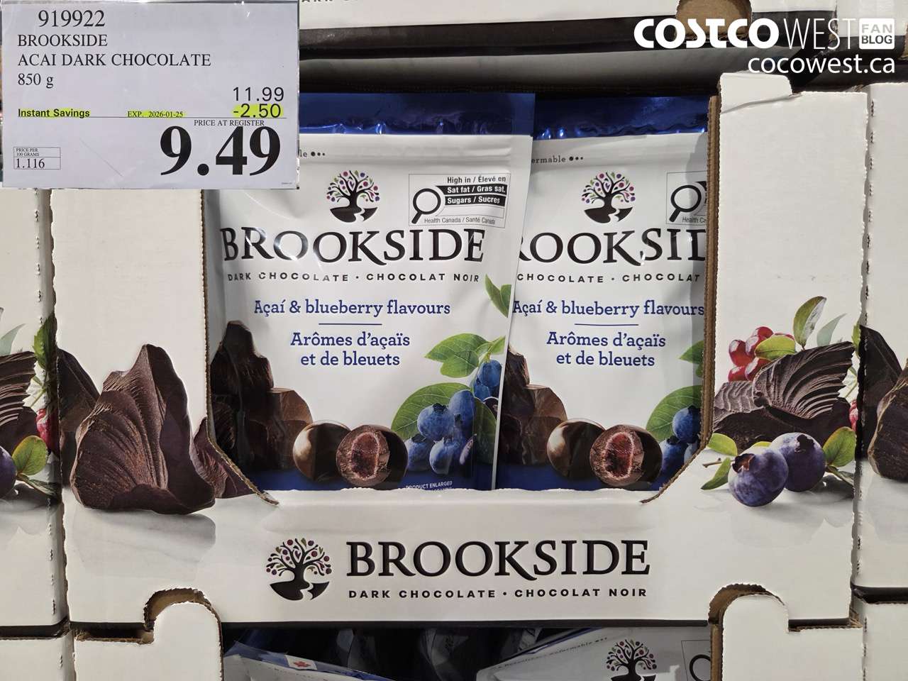 919922 BROOKSIDE ACAI DARK CHOCOLATE 850 g ($2.50 INSTANT SAVINGS EXPIRES ON 2026-01-25) $9.49