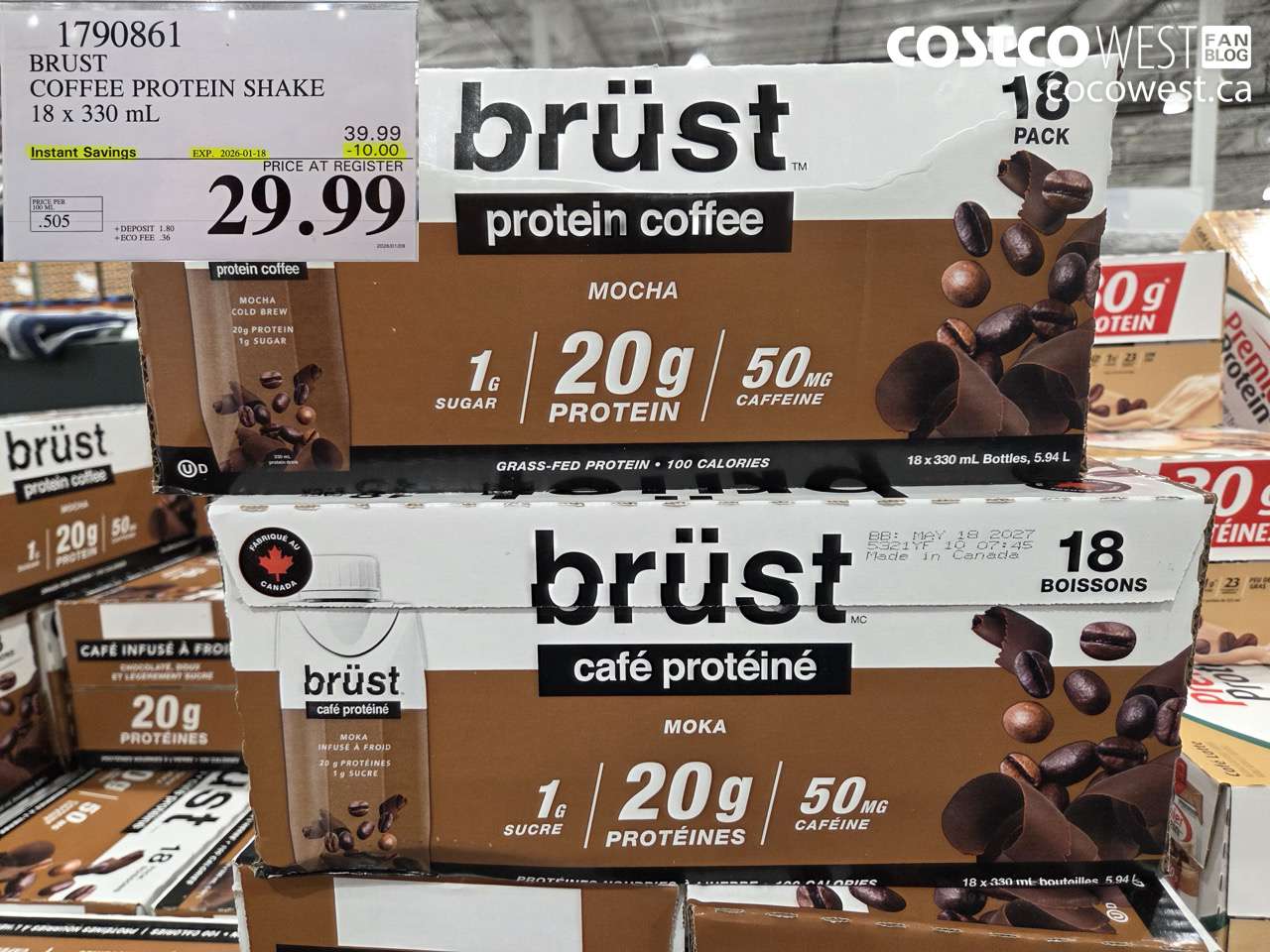 1790861 BRUST MOCHA PROTEIN COFFEE 18 X 330ML ($10.00 INSTANT SAVINGS EXPIRES ON 2026-01-18) $29.99