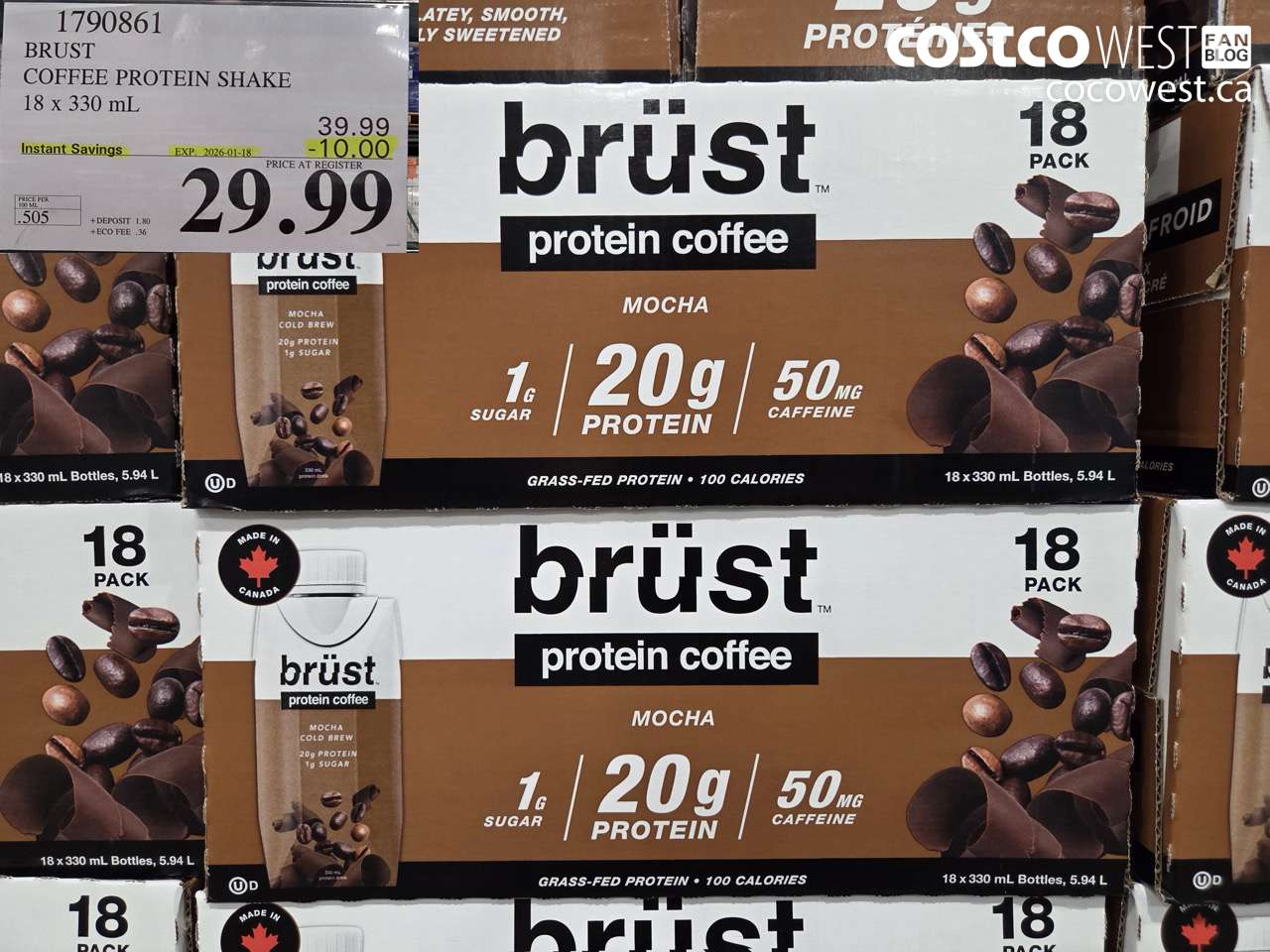 1790861 BRUST MOCHA PROTEIN COFFEE 18 X 330ML ($10.00 INSTANT SAVINGS EXPIRES ON 2026-01-18) $29.99