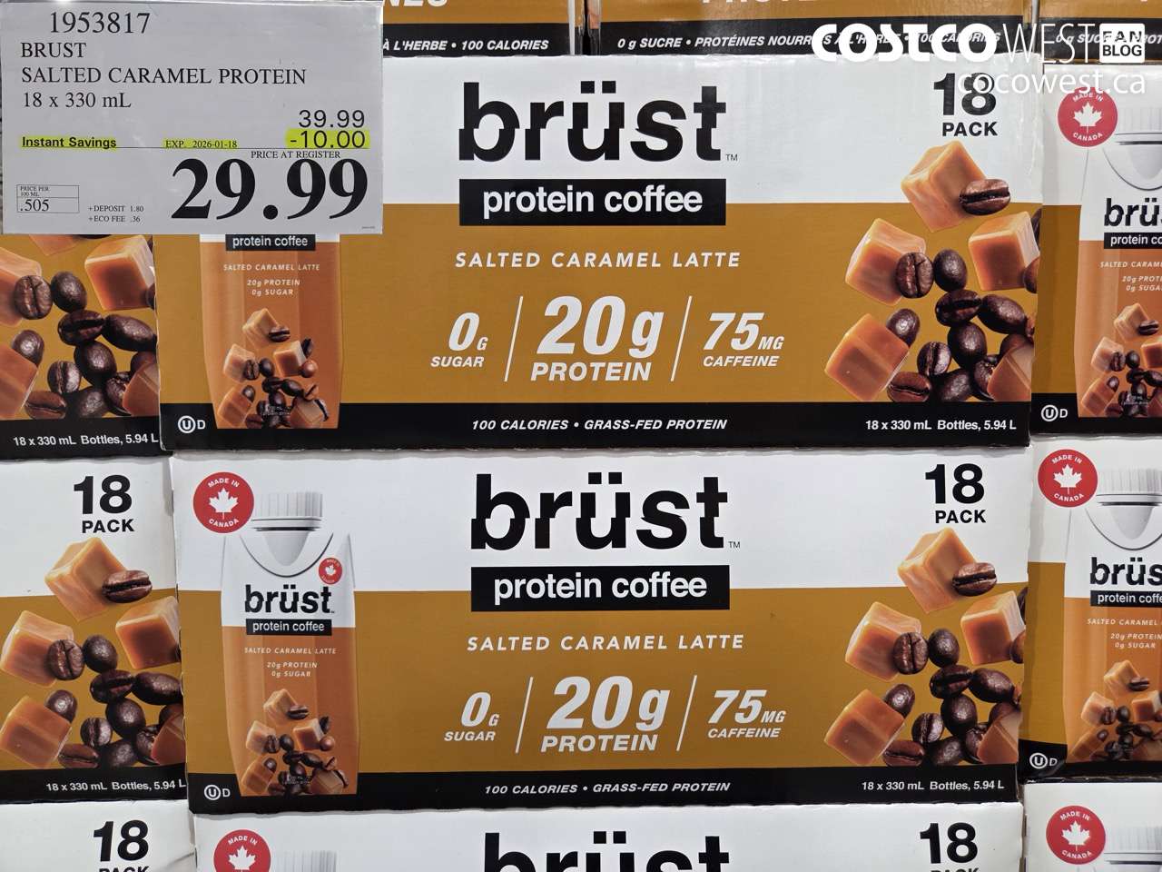 1953817 BRUST SALTED CARAMEL PROTEIN 18 X 330ML ($10.00 INSTANT SAVINGS EXPIRES ON 2026-01-18) $29.99