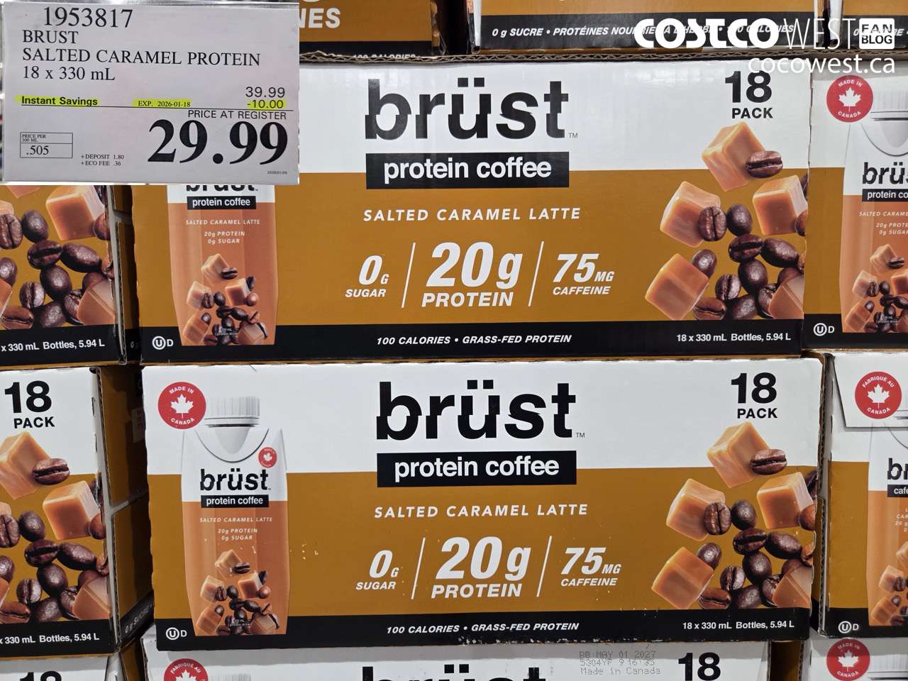 1953817 BRUST SALTED CARAMEL PROTEIN 18 X 330ML ($10.00 INSTANT SAVINGS EXPIRES ON 2026-01-18) $29.99