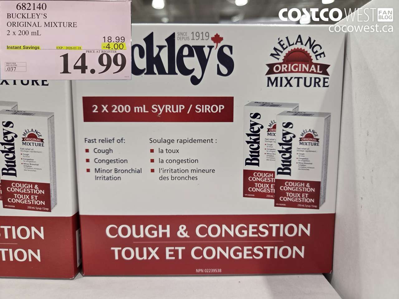 682140 BUCKLEY'S ORIGINAL MIXTURE 2 X 200ML ($4.00 INSTANT SAVINGS EXPIRES ON 2026-01-18) $14.99