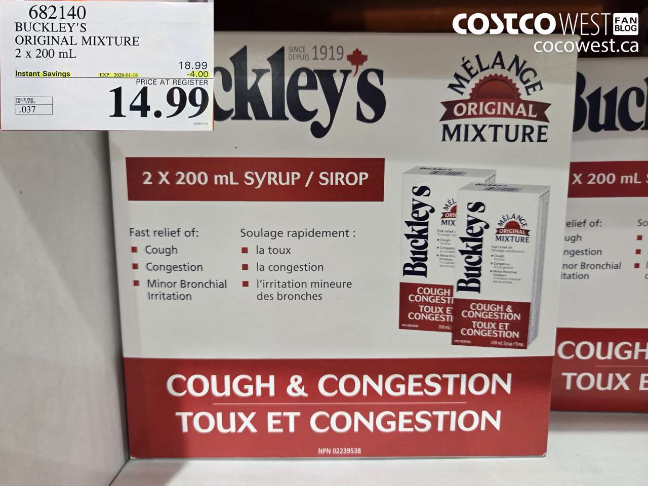 682140 BUCKLEY'S ORIGINAL MIXTURE 2 X 200ML ($4.00 INSTANT SAVINGS EXPIRES ON 2026-01-18) $14.99