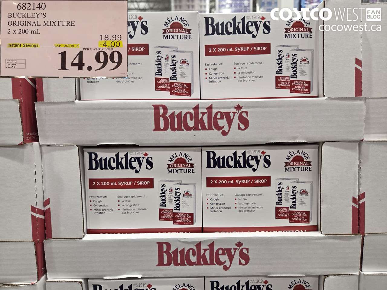 682140 BUCKLEY'S ORIGINAL MIXTURE 2 X 200ML ($4.00 INSTANT SAVINGS EXPIRES ON 2026-01-18) $14.99