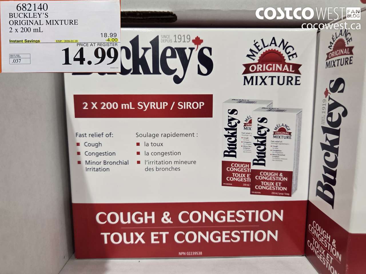 682140 BUCKLEY'S ORIGINAL MIXTURE 2 X 200ML ($4.00 INSTANT SAVINGS EXPIRES ON 2026-01-18) $14.99