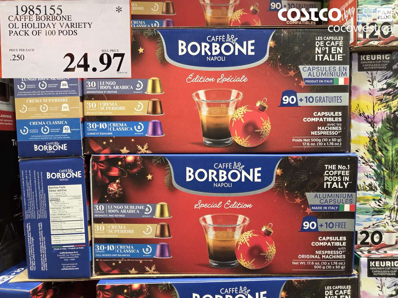 1985155 CAFFE BORBONE OL HOLIDAY VARIETY PACK OF 100 PODS $24.97