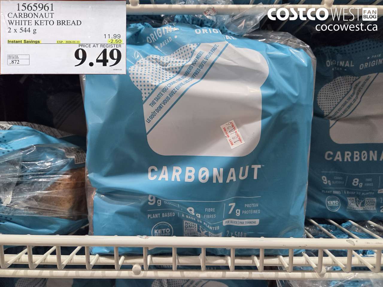 1565961 CARBONAUT WHITE KETO BREAD 2 x 544 g ($2.50 INSTANT SAVINGS EXPIRES ON 2026-01-11) $9.49