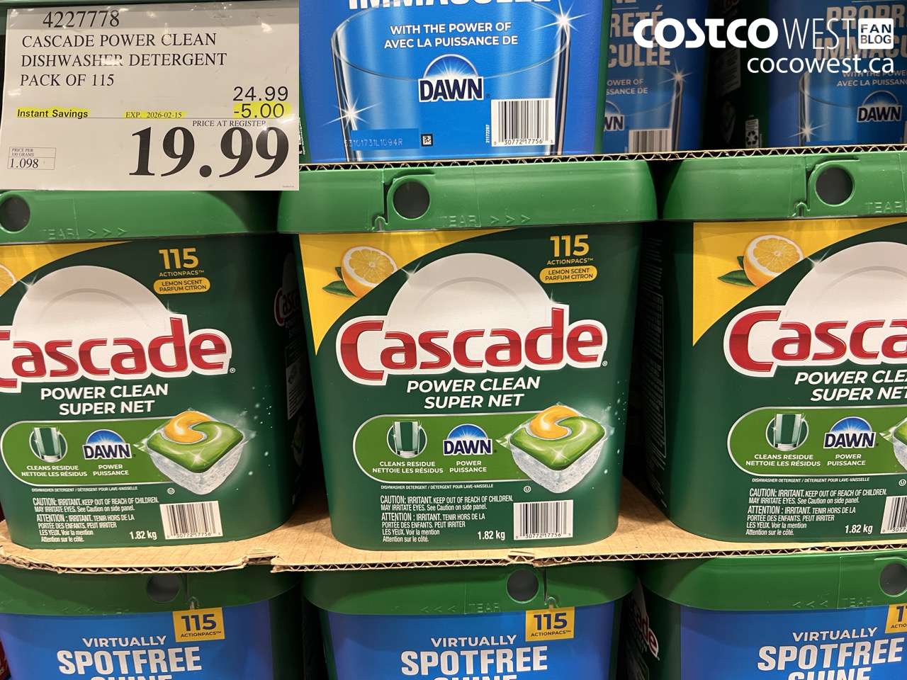 4227778 CASCADE POWER CLEAN DISHWASHER DETERGENT 115 COUNT ($5.00 INSTANT SAVINGS EXPIRES ON 2026-02-15) $19.99