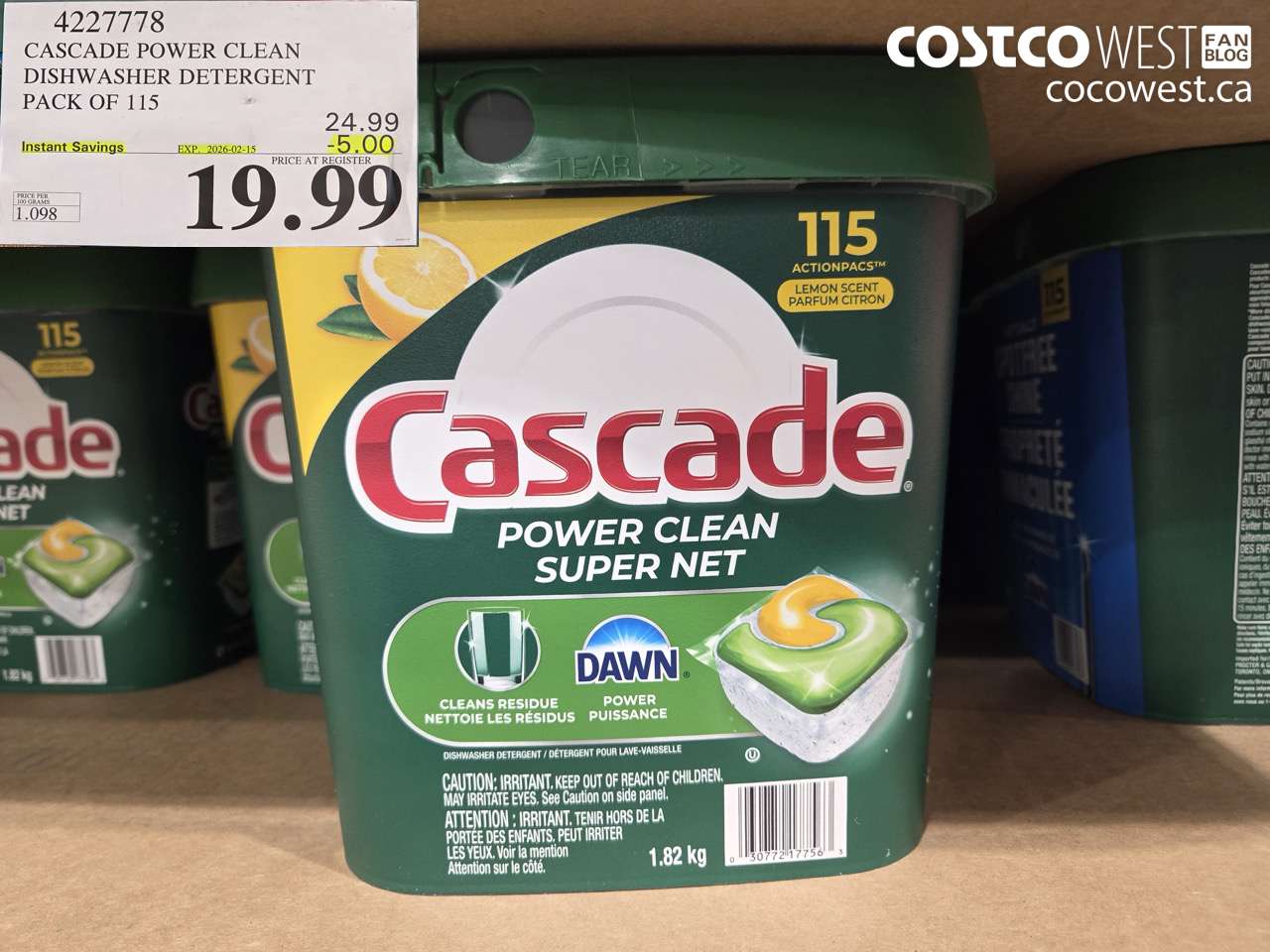 4227778 CASCADE POWER CLEAN DISHWASHER DETERGENT 115 COUNT ($5.00 INSTANT SAVINGS EXPIRES ON 2026-02-15) $19.99