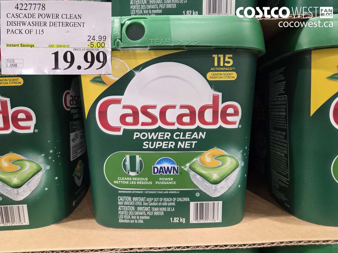 4227778 CASCADE POWER CLEAN DISHWASHER DETERGENT 115 COUNT ($5.00 INSTANT SAVINGS EXPIRES ON 2026-02-15) $19.99