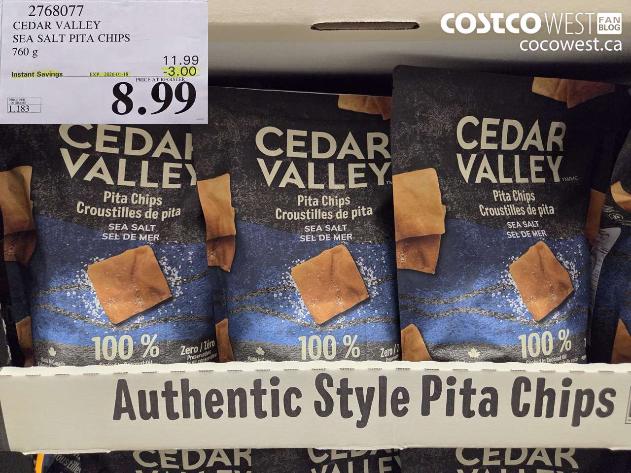 2768077 CEDAR VALLEY SEA SALT PITA CHIPS 760 g ($3.00 INSTANT SAVINGS EXPIRES ON 2026-01-18) $8.99