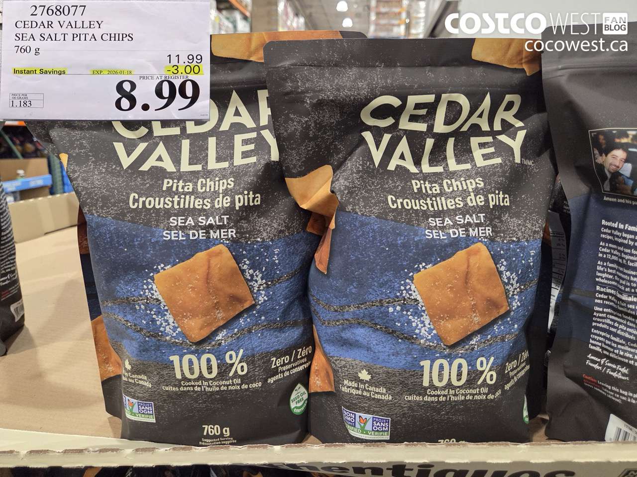 2768077 CEDAR VALLEY SEA SALT PITA CHIPS 760 g ($3.00 INSTANT SAVINGS EXPIRES ON 2026-01-18) $8.99