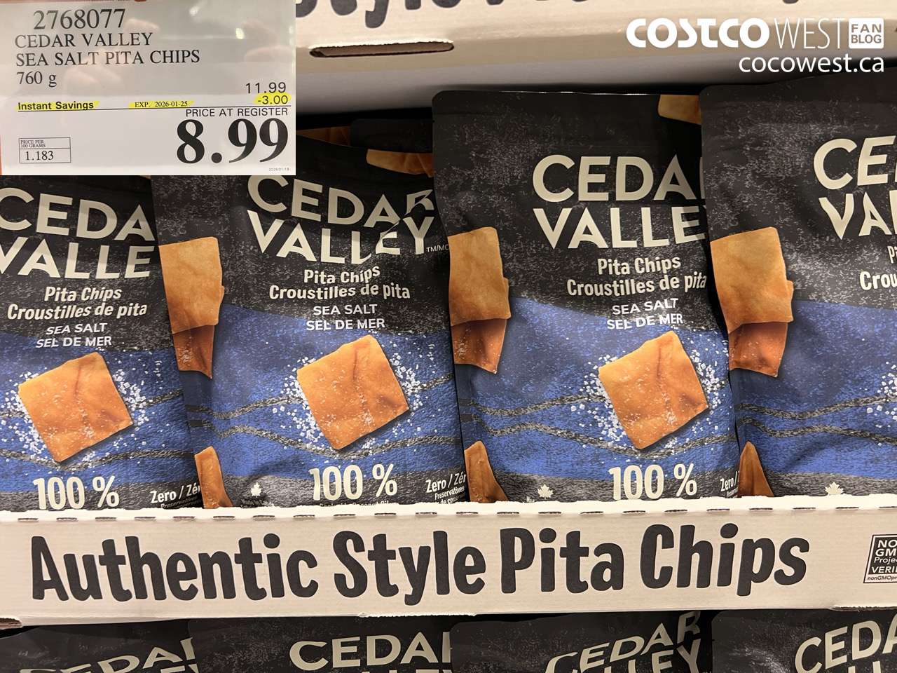 2768077 CEDAR VALLEY SEA SALT PITA CHIPS 760 g ($3.00 INSTANT SAVINGS EXPIRES ON 2026-01-25) $8.99