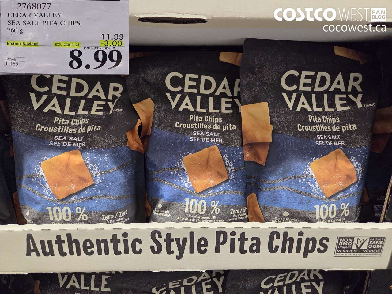 2768077 CEDAR VALLEY SEA SALT PITA CHIPS 760 g ($3.00 INSTANT SAVINGS EXPIRES ON 2026-01-25) $8.99