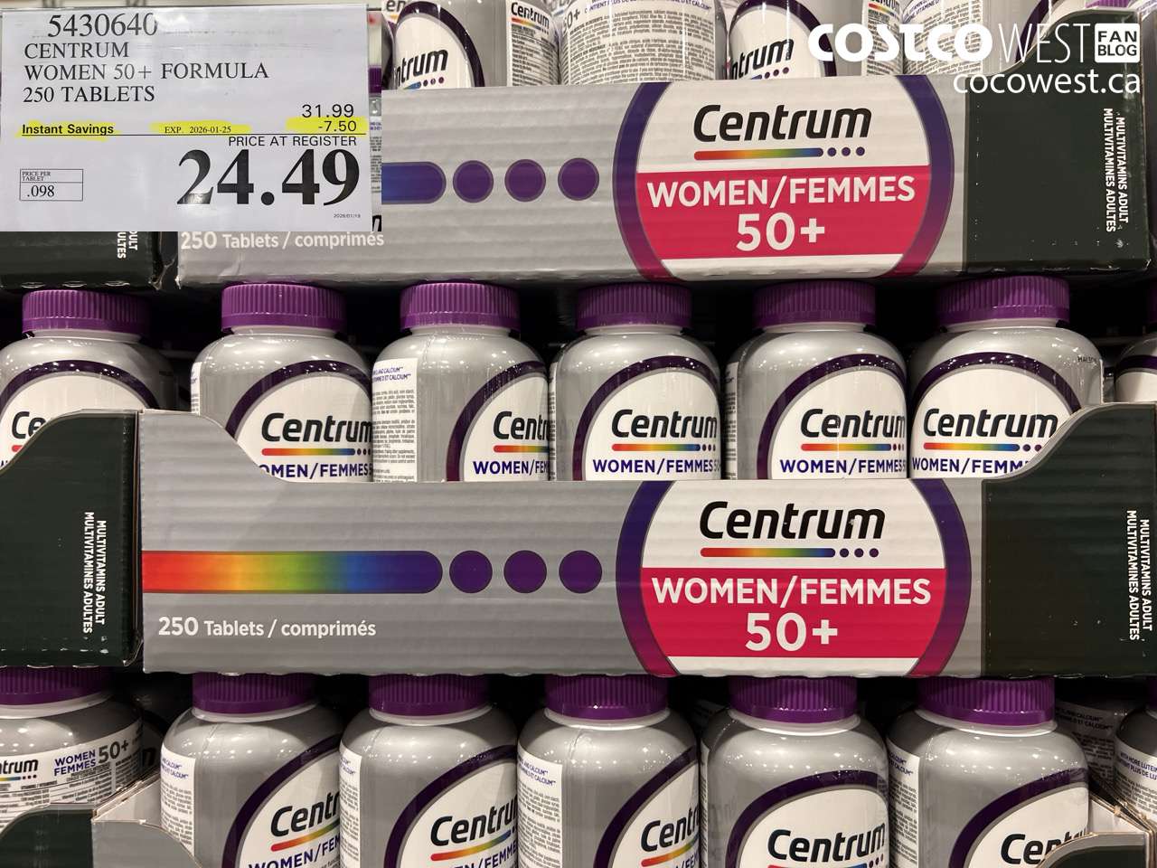 5430640 CENTRUM WOMEN 50+ 250 TABLET ($7.50 INSTANT SAVINGS EXPIRES ON 2026-01-25) $24.49
