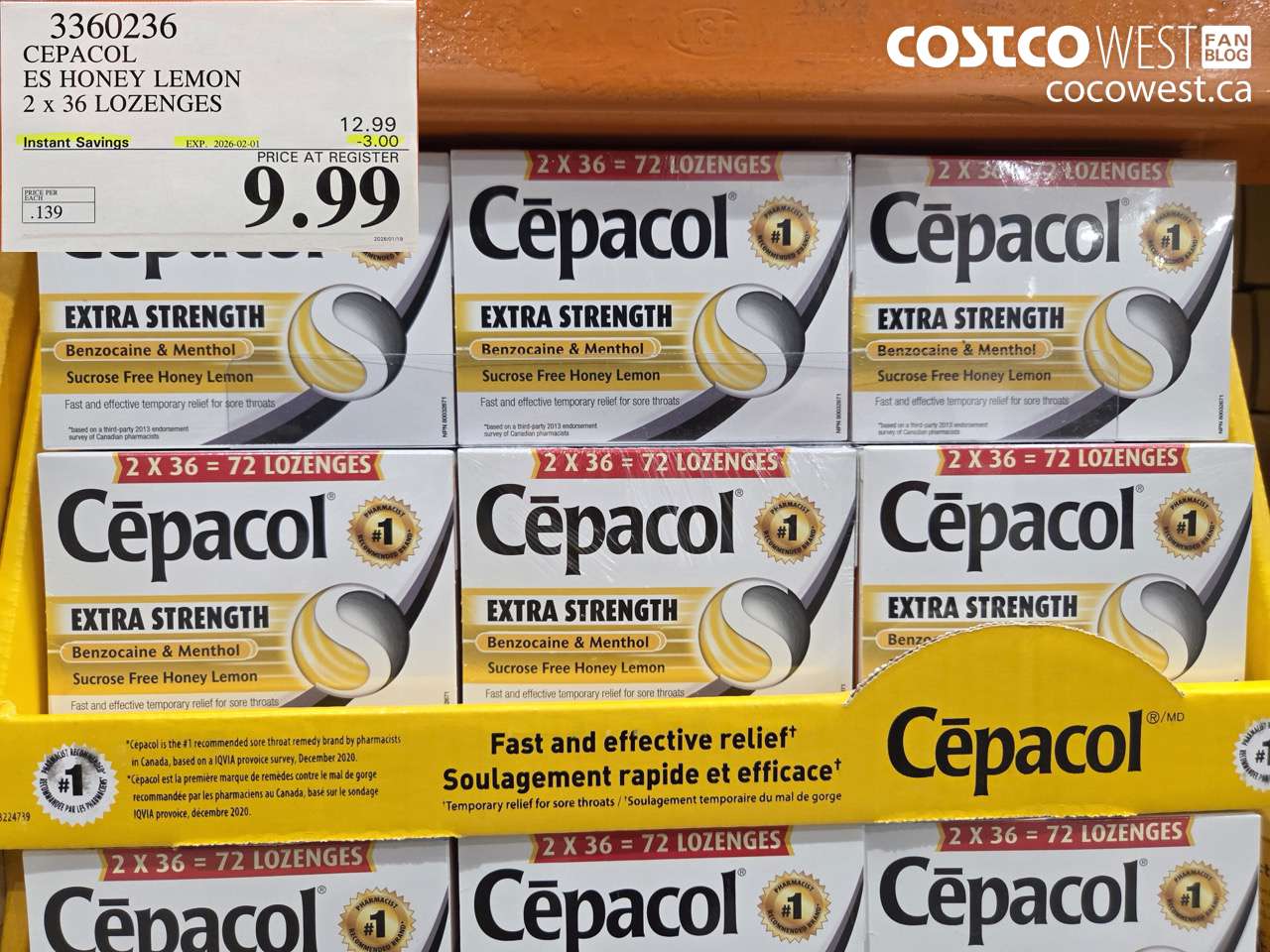 3360236 CEPACOL ES HONEY LEMON 2 X 36 LOZANGES ($3.00 INSTANT SAVINGS EXPIRES ON 2026-02-01) $9.99