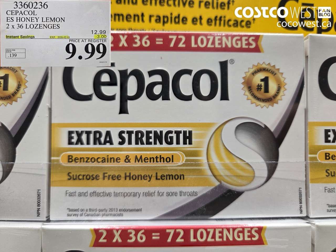 3360236 CEPACOL ES HONEY LEMON 2 X 36 LOZANGES ($3.00 INSTANT SAVINGS EXPIRES ON 2026-02-01) $9.99