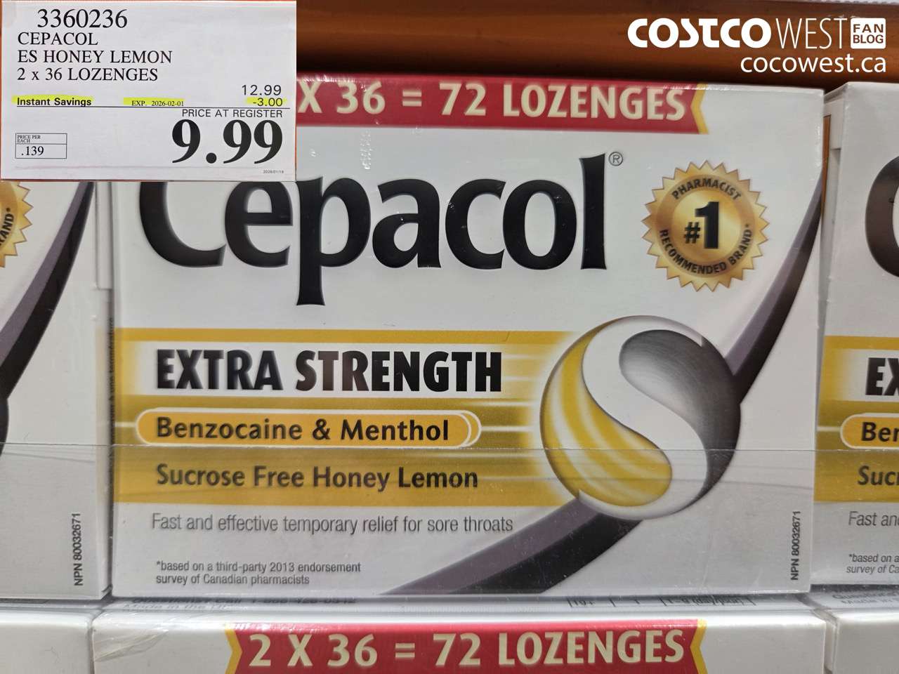 3360236 CEPACOL ES HONEY LEMON 2 X 36 LOZANGES ($3.00 INSTANT SAVINGS EXPIRES ON 2026-02-01) $9.99