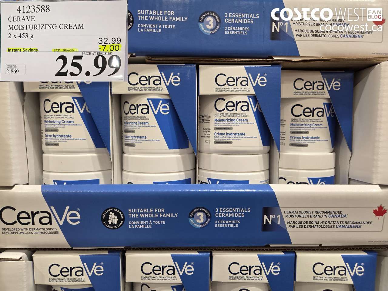 4123588 CERAVE MOISTURIZING CREAM 2 X 453G ($7.00 INSTANT SAVINGS EXPIRES ON 2026-01-18) $25.99