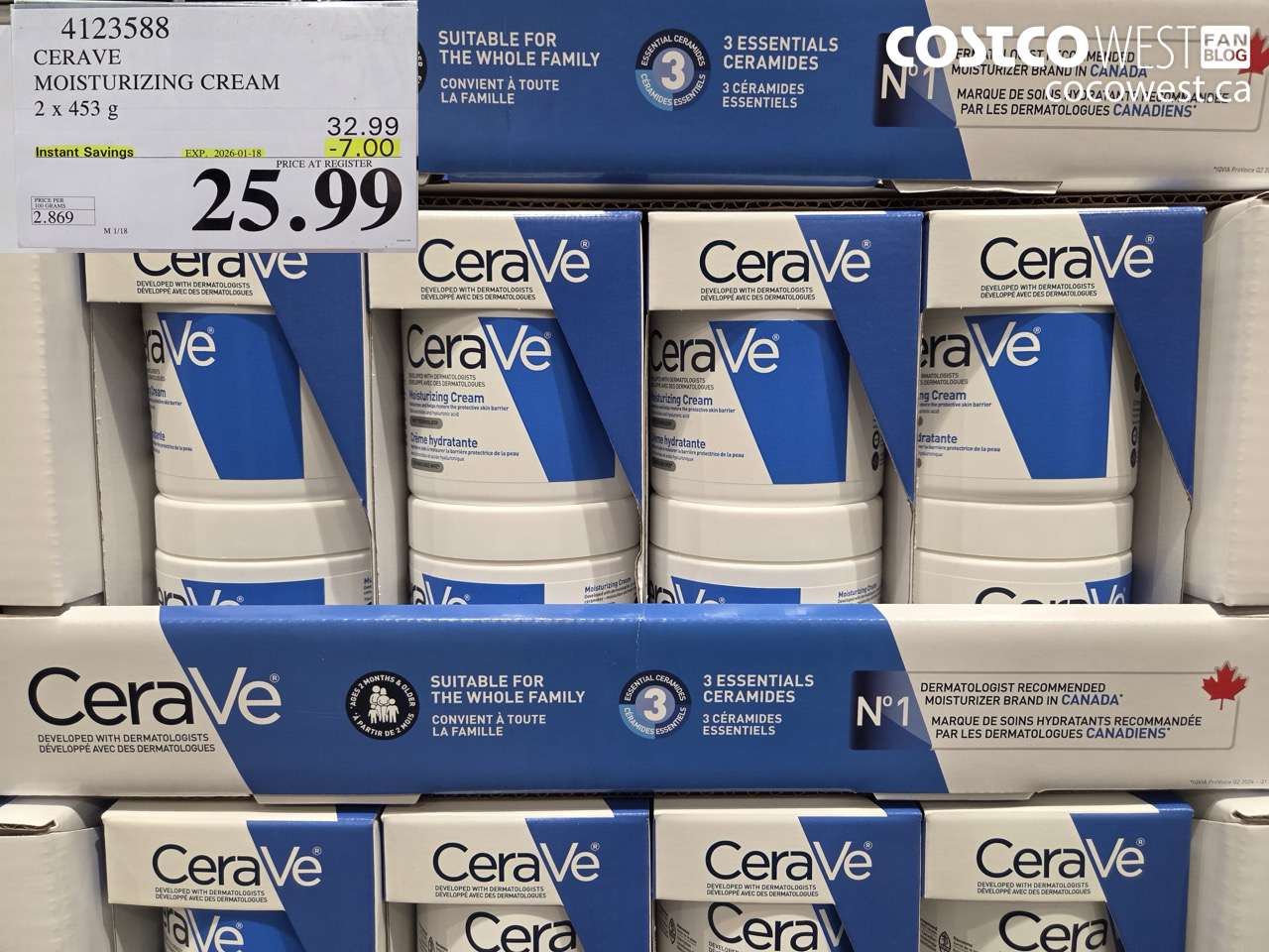 4123588 CERAVE MOISTURIZING CREAM 2 X 453G ($7.00 INSTANT SAVINGS EXPIRES ON 2026-01-18) $25.99