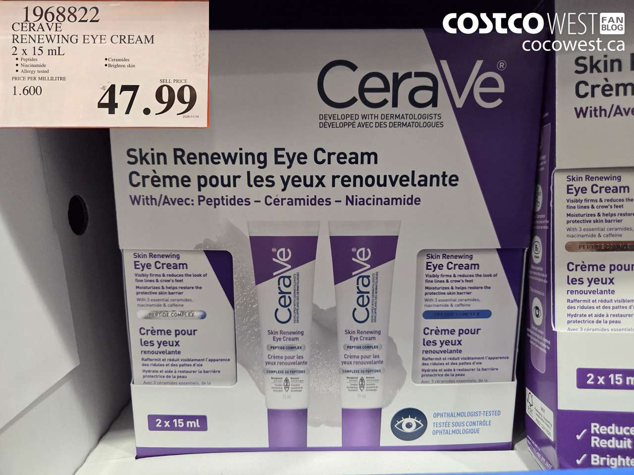 1968822 CERAVE RENEWING EYE CREAM 2 x 15 mL $47.99
