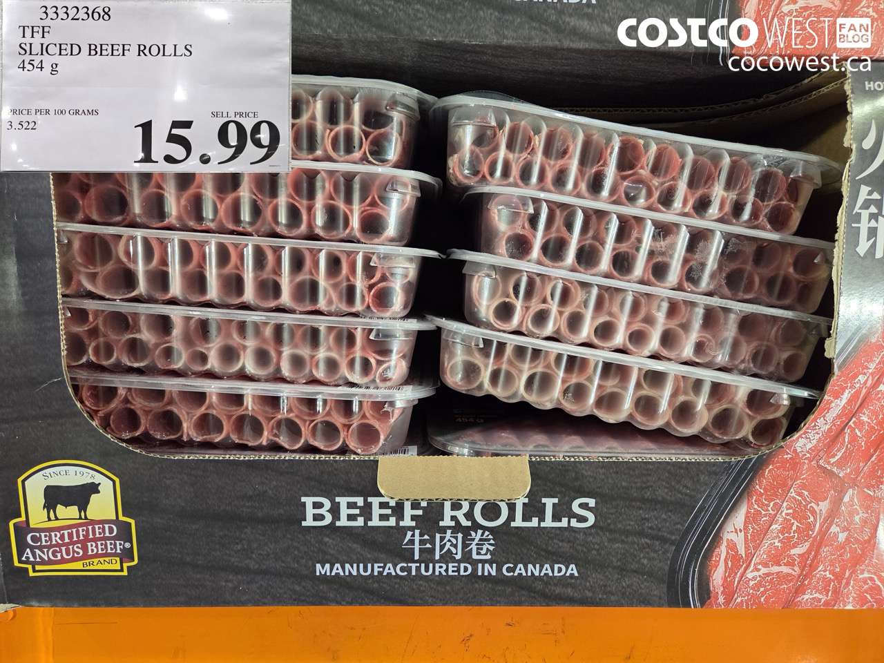 3332368 CERTIFIED ANGUS BEEF SLICED BEEF ROLLS 454 G $15.99