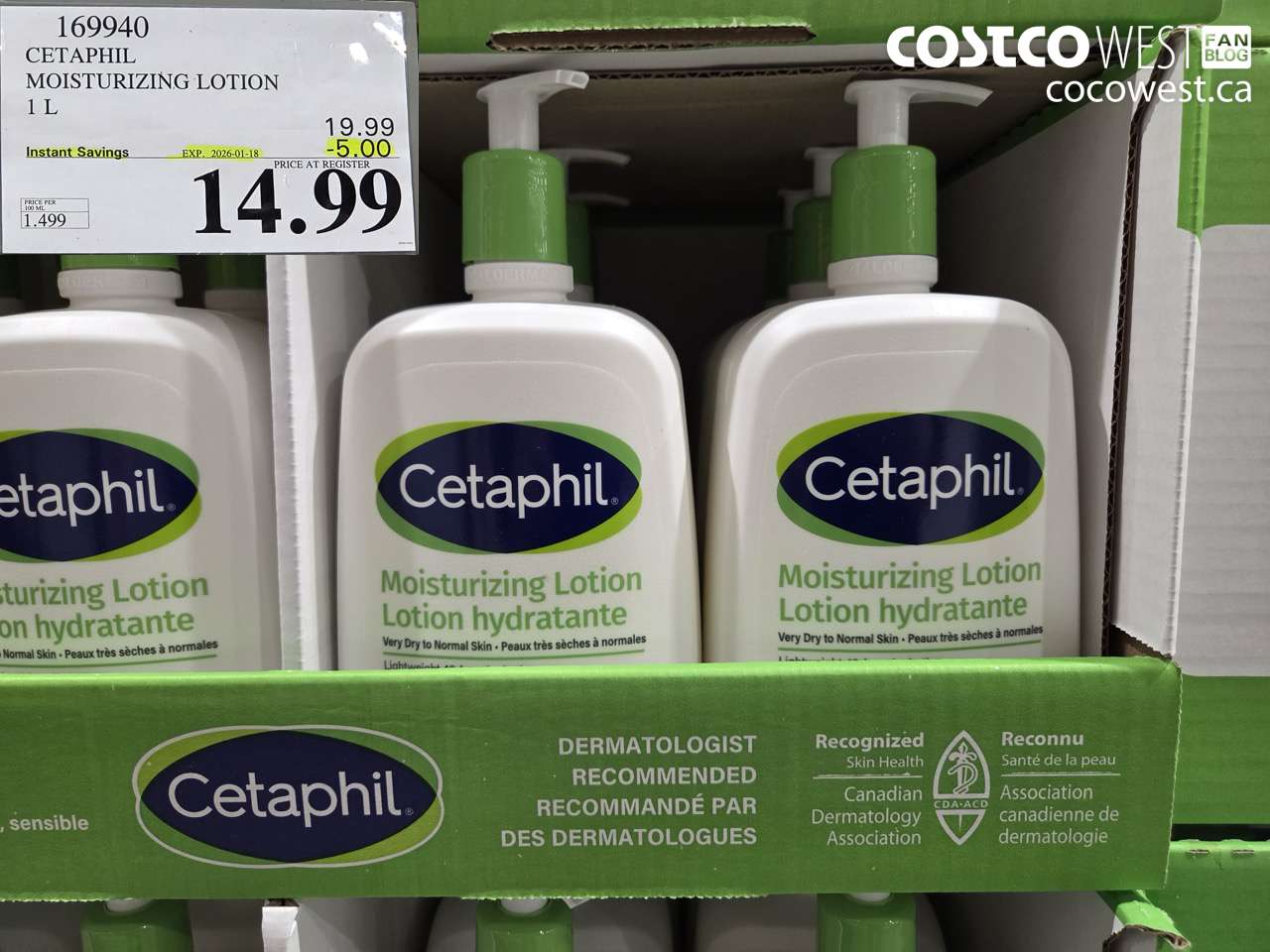 169940 CETAPHIL MOISTURIZING LOTION 1L ($5.00 INSTANT SAVINGS EXPIRES ON 2026-01-18) $14.99