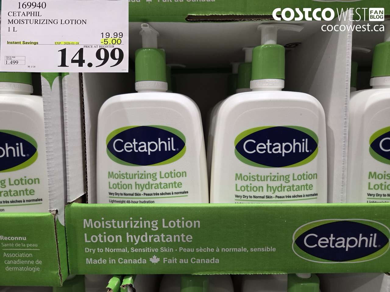 169940 CETAPHIL MOISTURIZING LOTION 1L ($5.00 INSTANT SAVINGS EXPIRES ON 2026-01-18) $14.99