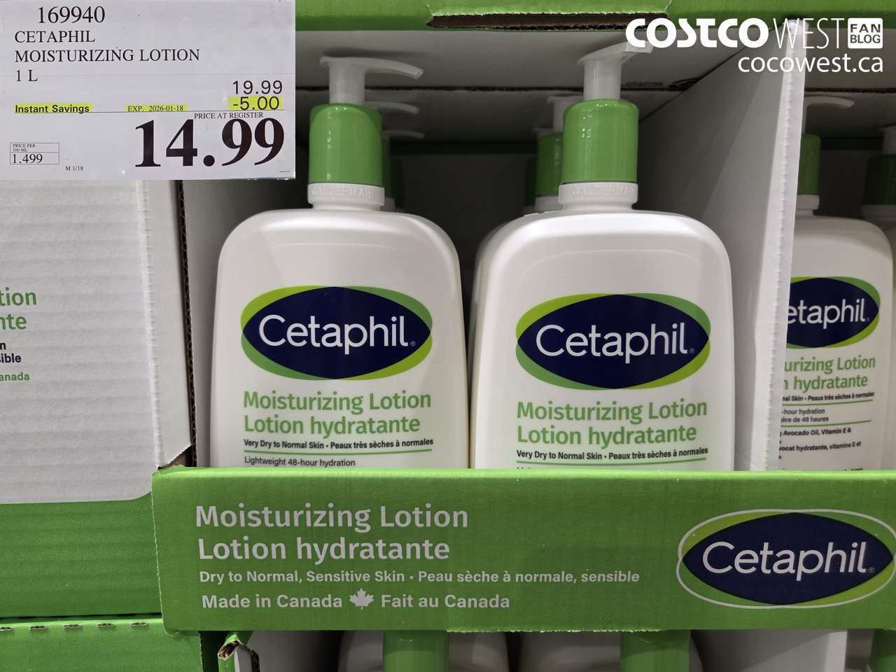 169940 CETAPHIL MOISTURIZING LOTION 1L ($5.00 INSTANT SAVINGS EXPIRES ON 2026-01-18) $14.99