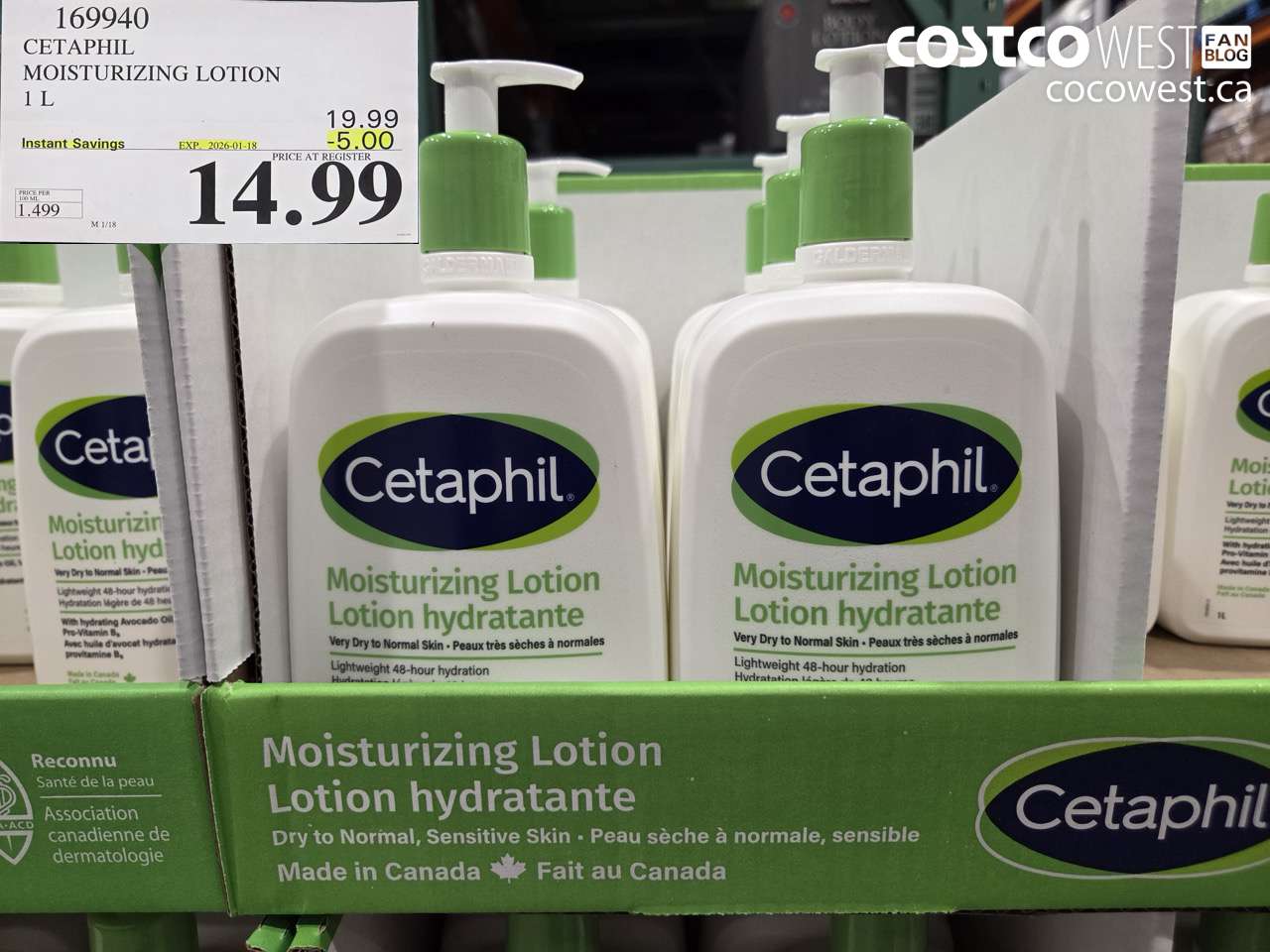 169940 CETAPHIL MOISTURIZING LOTION 1L ($5.00 INSTANT SAVINGS EXPIRES ON 2026-01-18) $14.99