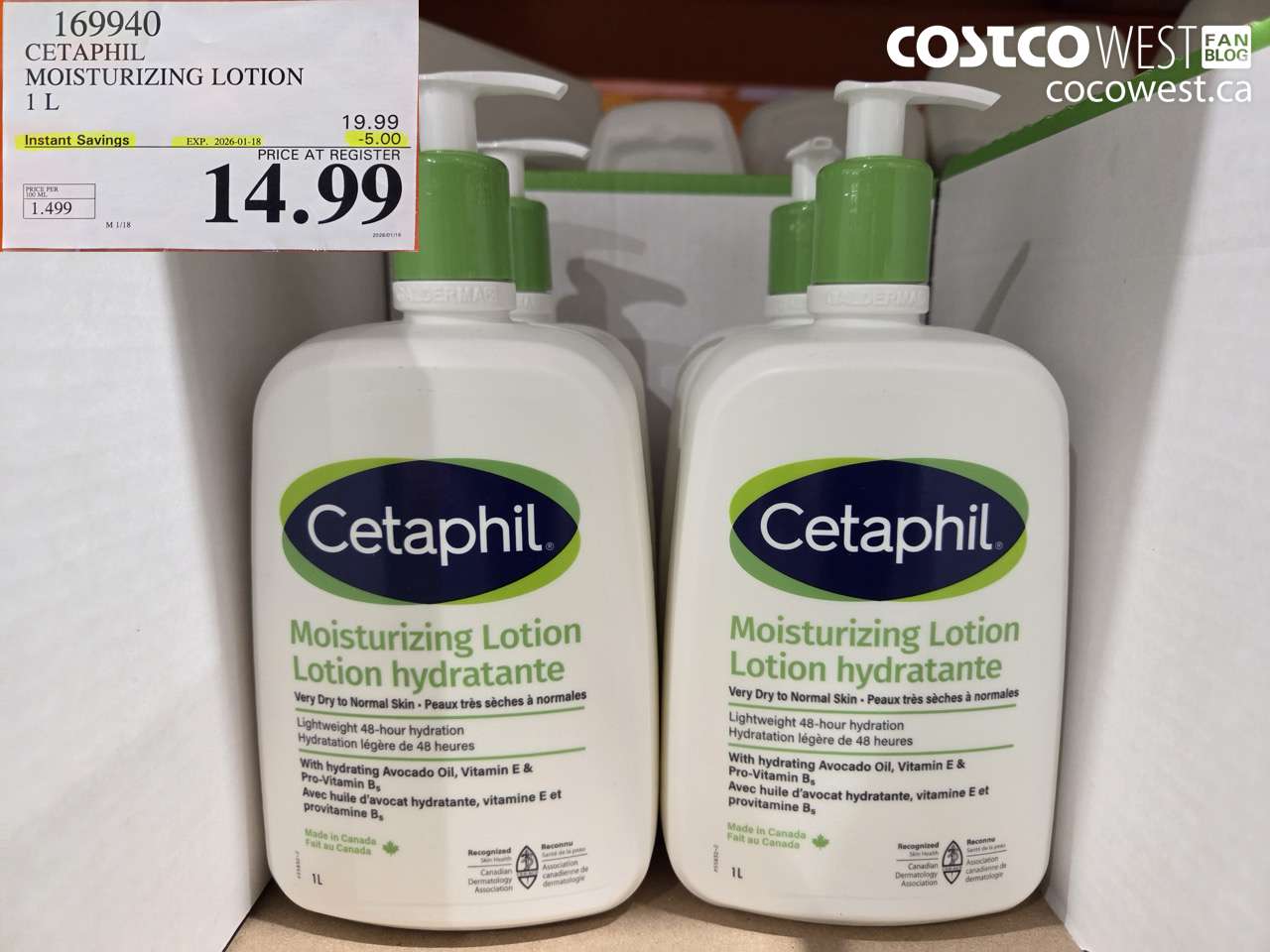 169940 CETAPHIL MOISTURIZING LOTION 1L ($5.00 INSTANT SAVINGS EXPIRES ON 2026-01-18) $14.99