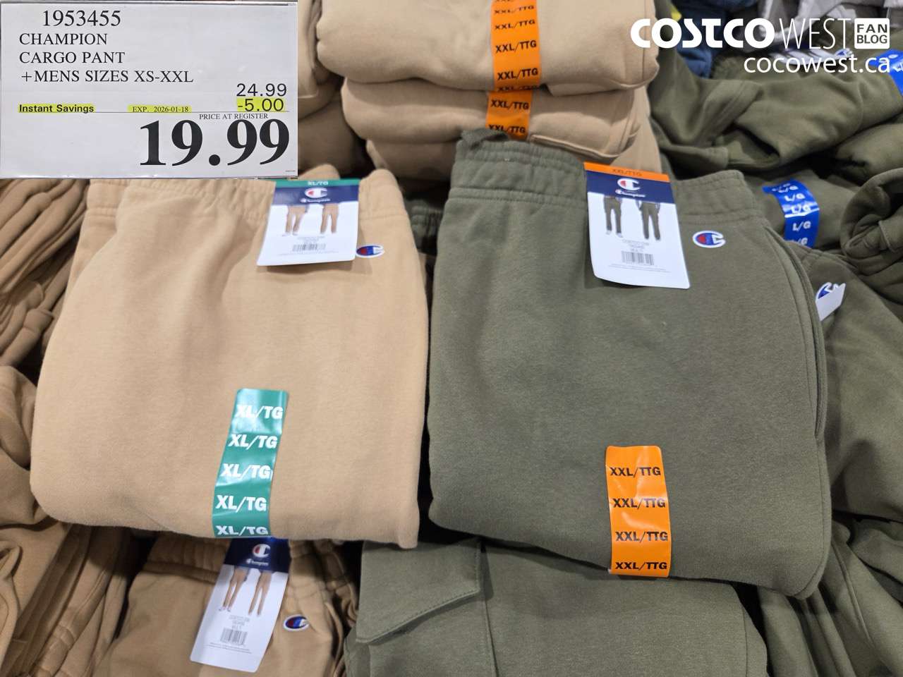 1953455 CHAMPION CARGO PANT MENS SIZES XS-XXL ($5.00 INSTANT SAVINGS EXPIRES ON 2026-01-18) $19.99