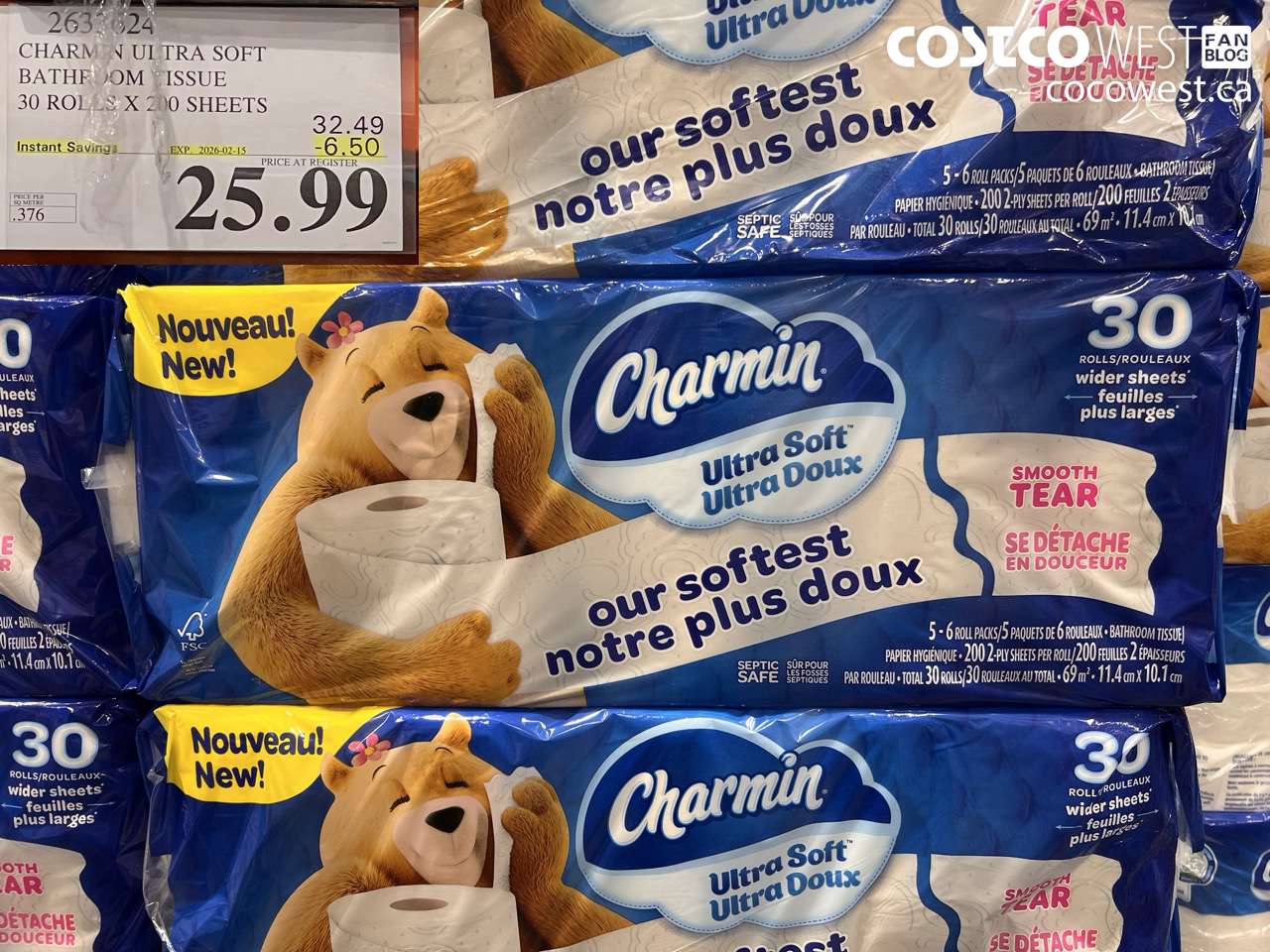 2633624 CHARMIN ULTRA SOFT BATHROOM TISSUE 30 ROLLS X 20 SHEETS ($6.50 INSTANT SAVINGS EXPIRES ON 2026-02-15) $25.99