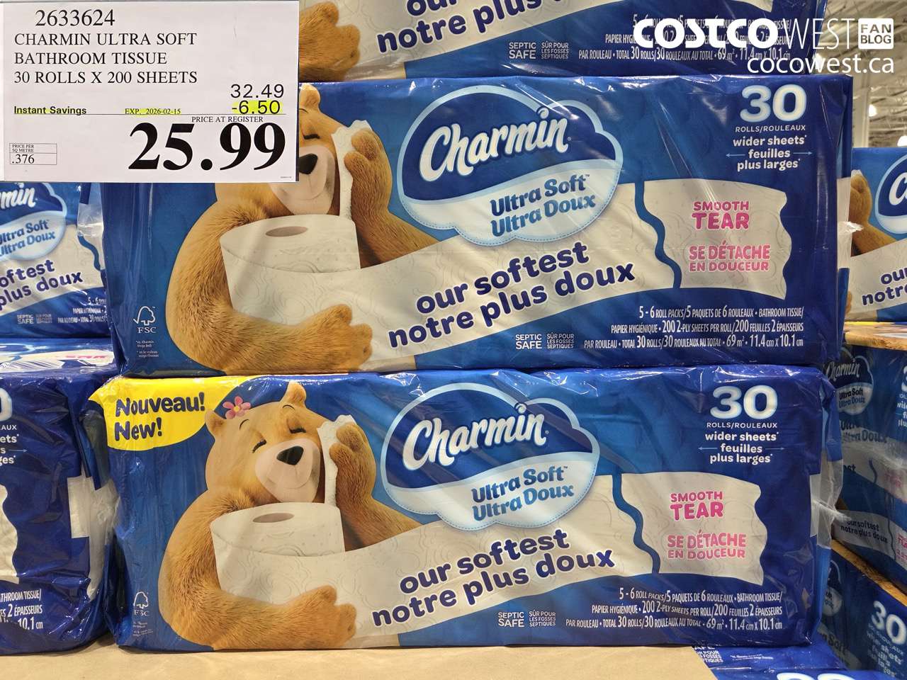 2633624 CHARMIN ULTRA SOFT BATHROOM TISSUE 30 ROLLS X 20 SHEETS ($6.50 INSTANT SAVINGS EXPIRES ON 2026-02-15) $25.99